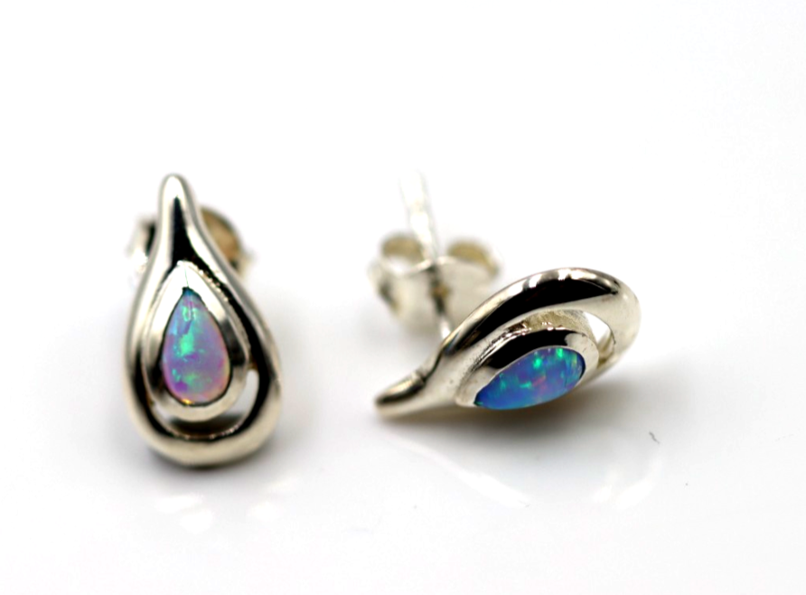 Genuine Sterling Silver 925 Syn Opal Teardrop Set Stud Earrings