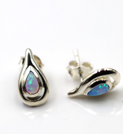 Genuine Sterling Silver 925 Syn Opal Teardrop Set Stud Earrings