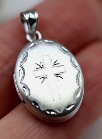 Genuine Sterling Silver 925 Oval Locket Cross Matte Finished