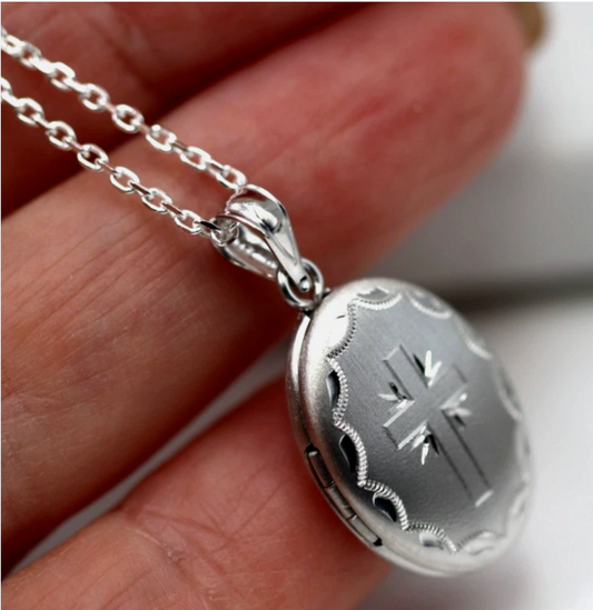 Genuine Sterling Silver 925 Oval Locket Cross Matte Finished + Chain