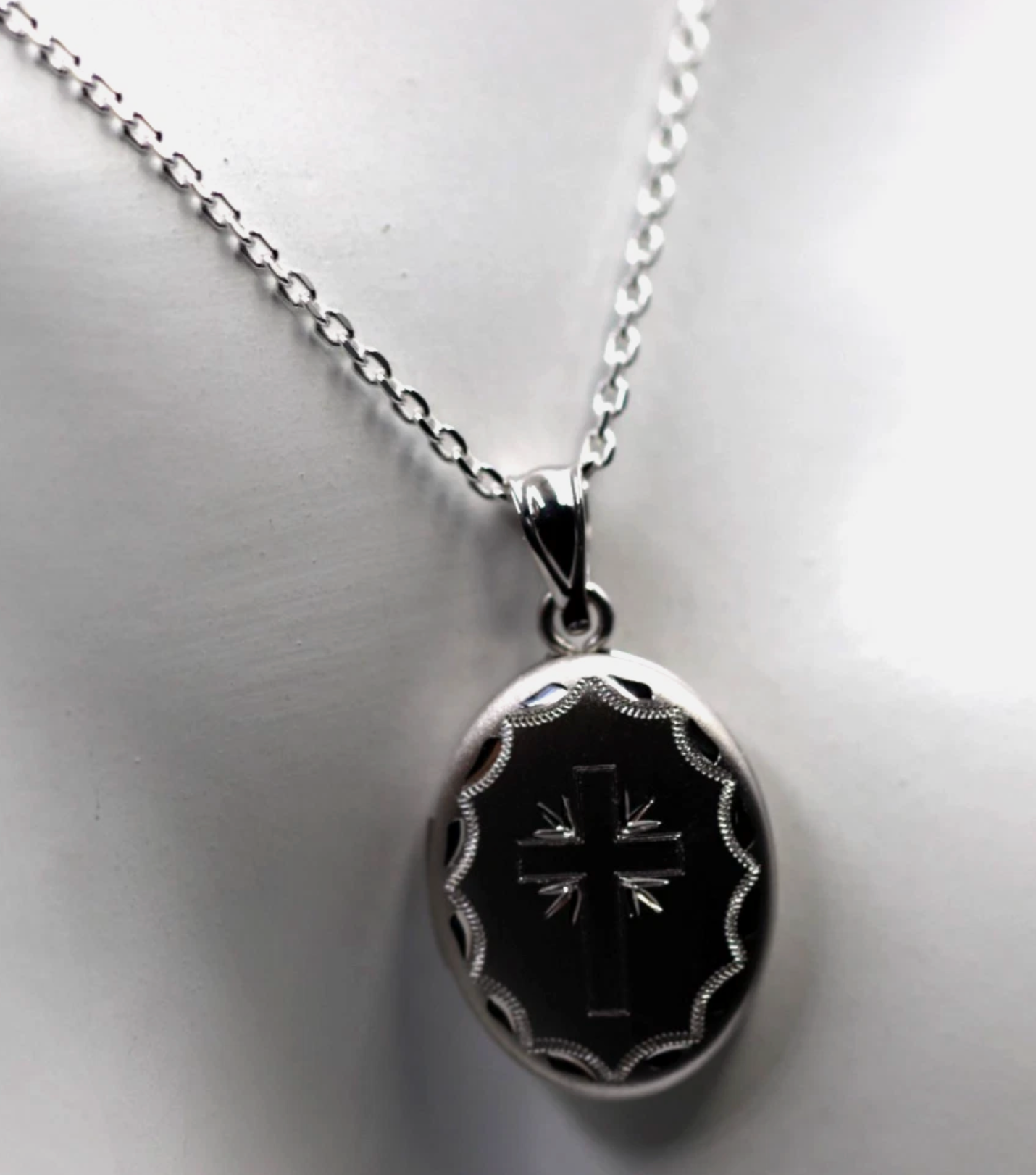 Genuine Sterling Silver 925 Oval Locket Cross Matte Finished + Chain