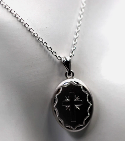 Genuine Sterling Silver 925 Oval Locket Cross Matte Finished + Chain