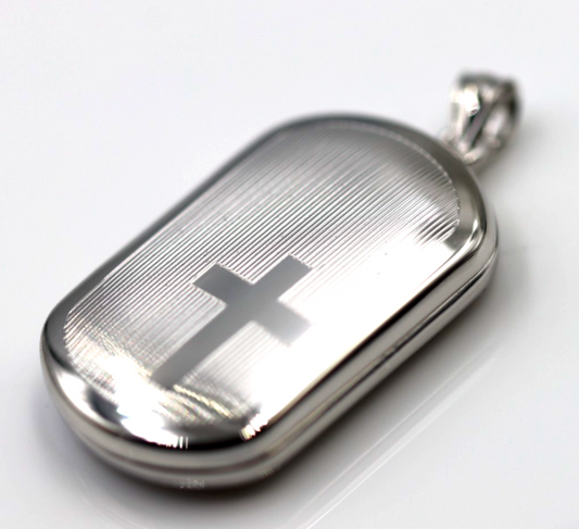 Sterling Silver 925 Rectangular Dog Tag Style Locket Engraved Cross