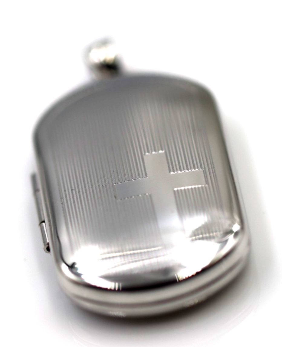 Sterling Silver 925 Rectangular Dog Tag Style Locket Engraved Cross