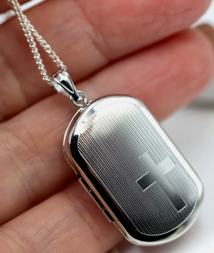 Sterling Silver 925 Dog Tag Style Locket Engraved Cross & 55cm Chain