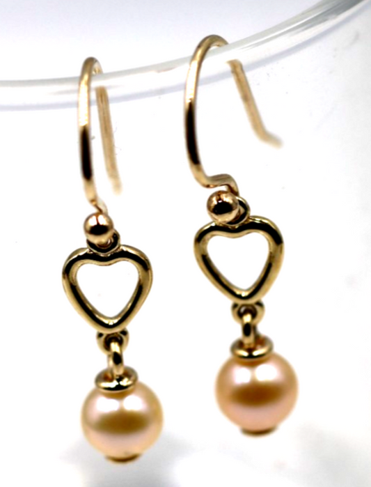Kaedesigns, New Genuine 9ct 9k Yellow, Rose or White Gold Pearl Heart Hook Earrings