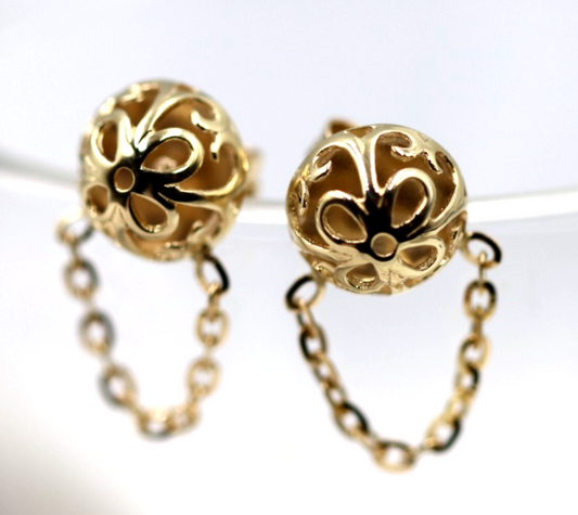 Genuine 9ct Yellow, Rose or White Gold 375 Half Ball 10mm Stud Filigree + Chain Earrings