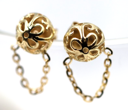 Genuine 9ct Yellow, Rose or White Gold 375 Half Ball 10mm Stud Filigree + Chain Earrings
