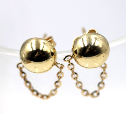 Genuine 9ct Yellow, Rose or White Gold 375 Half Ball 10mm Stud Plain Ball + Chain Earring