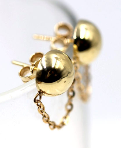 Genuine 9ct Yellow, Rose or White Gold 375 Half Ball 10mm Stud Plain Ball + Chain Earring