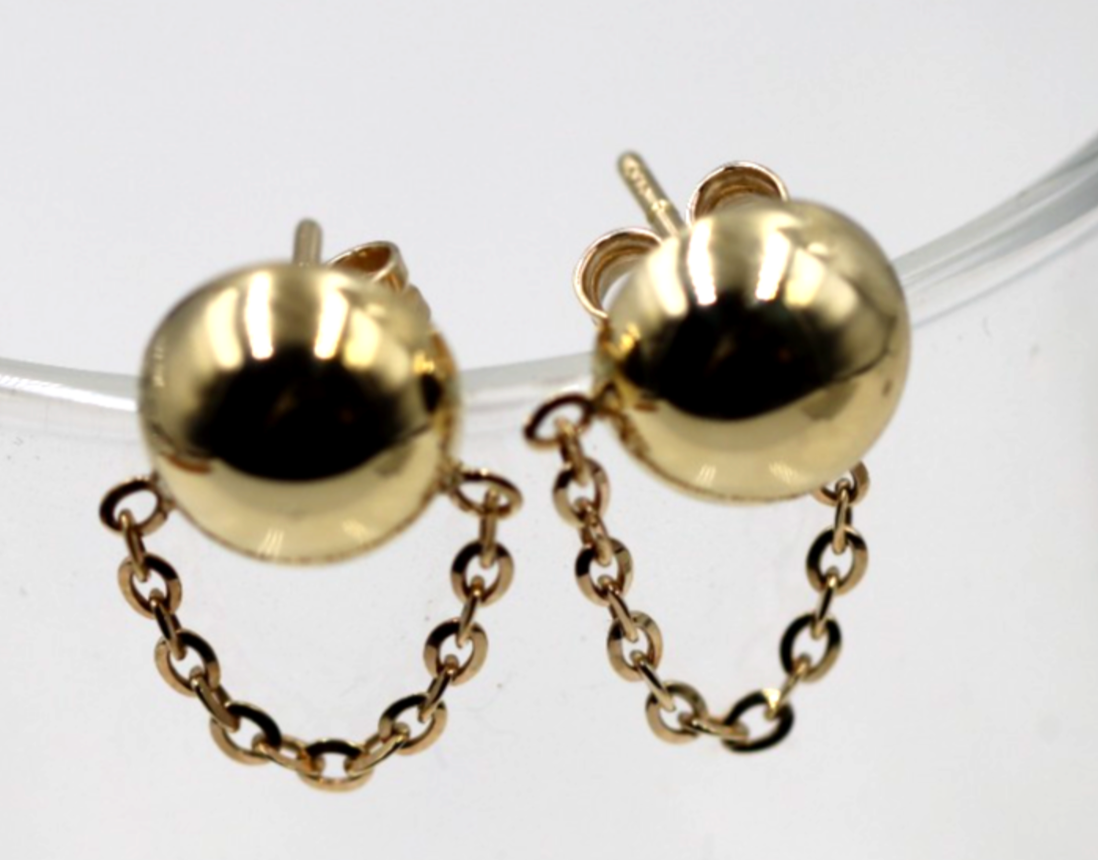 Genuine 9ct Yellow, Rose or White Gold 375 Half Ball 10mm Stud Plain Ball + Chain Earring