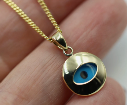 Genuine 9ct 9k Yellow Gold Curb Necklace / Chain + Greek Mati Nazar Lucky Evil Eye Charm