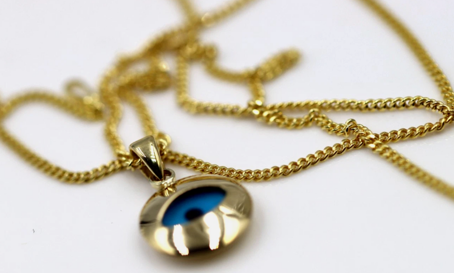 Genuine 9ct 9k Yellow Gold Curb Necklace / Chain + Greek Mati Nazar Lucky Evil Eye Charm