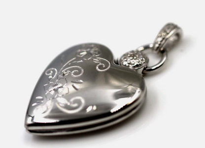Sterling Silver 20mm Heart Locket + Flower Design & Decorative Bail