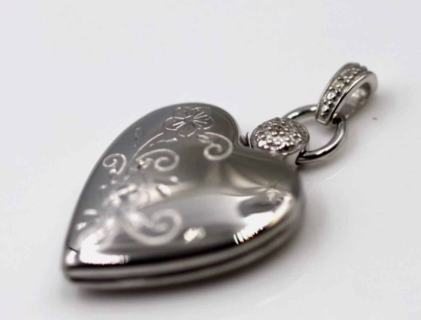 Sterling Silver 20mm Heart Locket + Flower Design & Decorative Bail