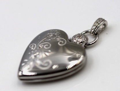 Sterling Silver 20mm Heart Locket + Flower Design & Decorative Bail