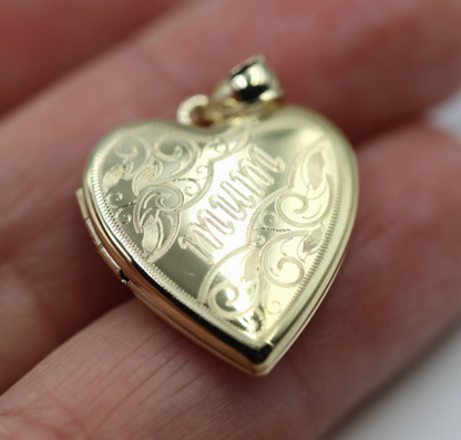 Genuine Sterling Silver Gold Plated or Sterling Silver 20mm ‘Mum’ Heart Locket Pendant