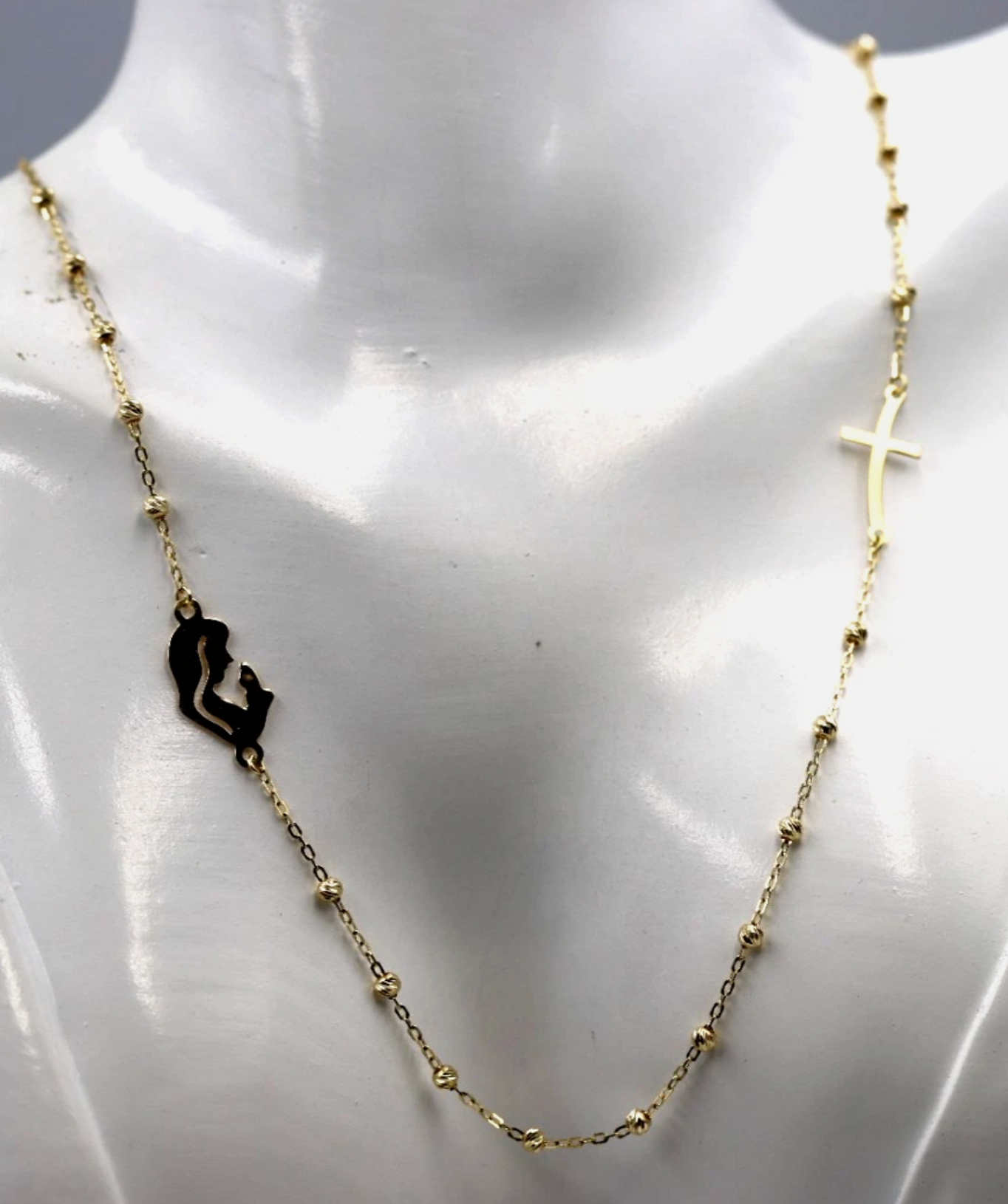 Genuine 18k 18ct 750 Blessed Mother Cross + Cross Ball Rosary Bead 45cm Chain Necklace Religious
