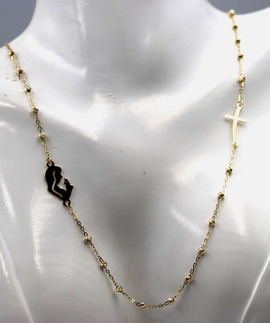 Genuine 18k 18ct 750 Blessed Mother Cross + Cross Ball Rosary Bead 45cm Chain Necklace Religious