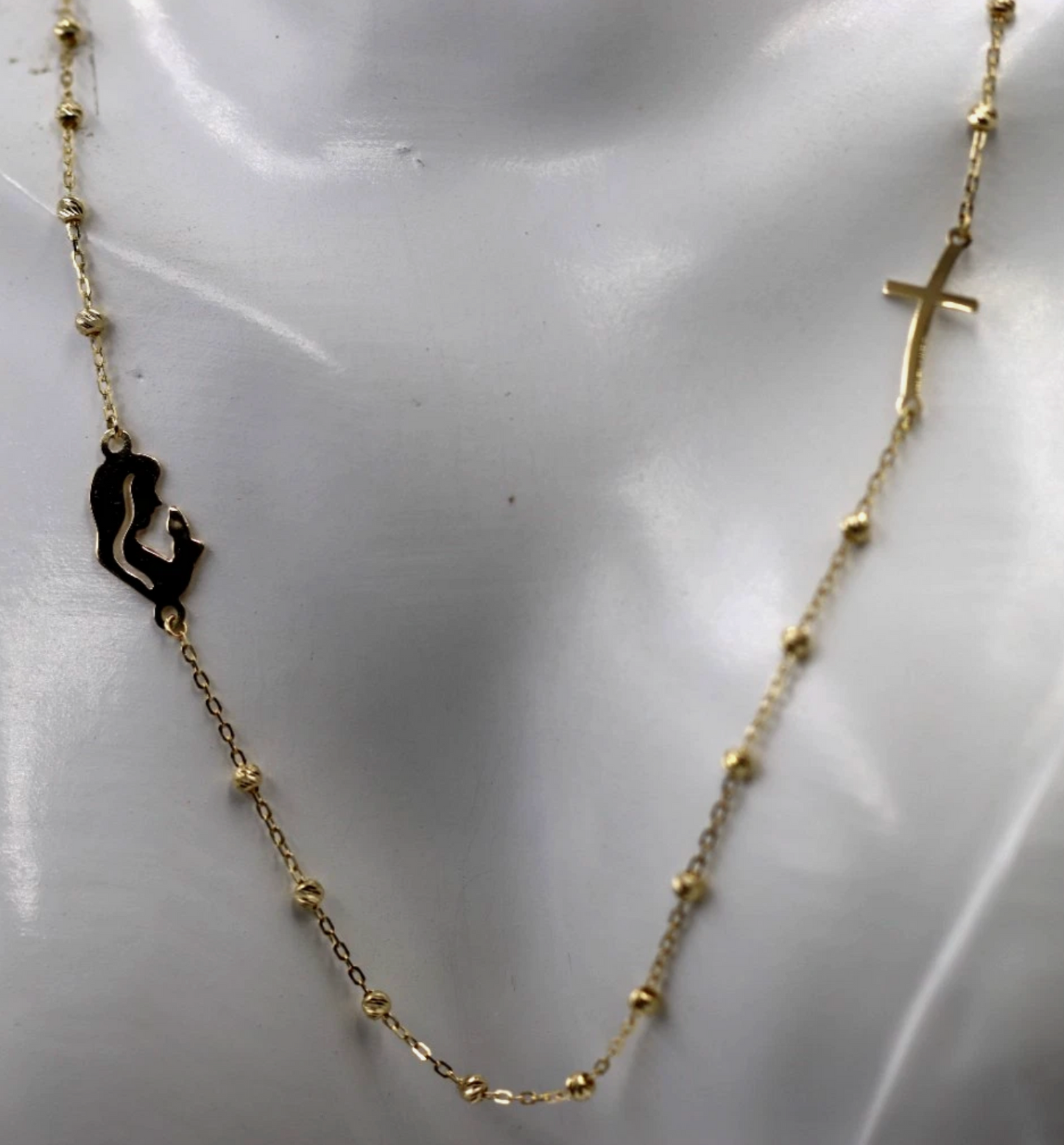 Genuine 18k 18ct 750 Blessed Mother Cross + Cross Ball Rosary Bead 45cm Chain Necklace Religious