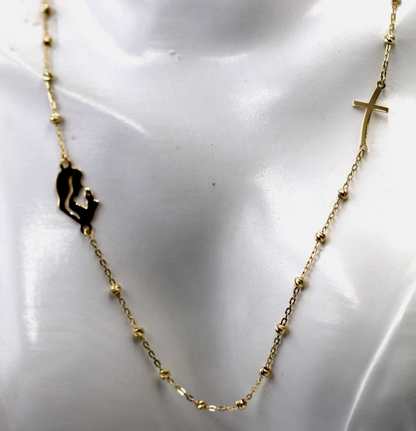 Genuine 18k 18ct 750 Blessed Mother Cross + Cross Ball Rosary Bead 45cm Chain Necklace Religious