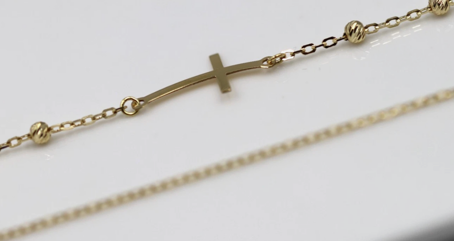 Genuine 18k 18ct 750 Blessed Mother Cross + Cross Ball Rosary Bead 45cm Chain Necklace Religious