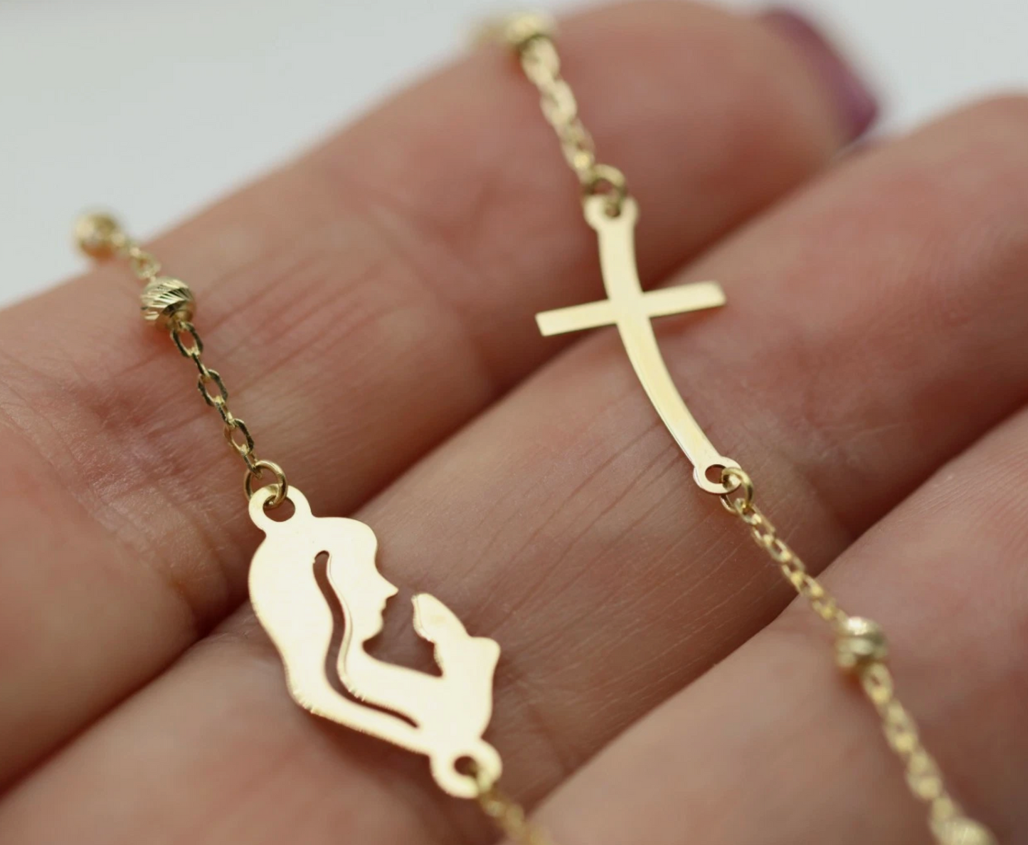 Genuine 18k 18ct 750 Blessed Mother Cross + Cross Ball Rosary Bead 45cm Chain Necklace Religious