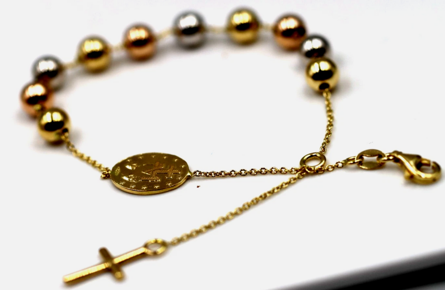 18ct 18k Yellow, Rose & White Gold 6mm Ball Rosary Bead bracelet 22cm
