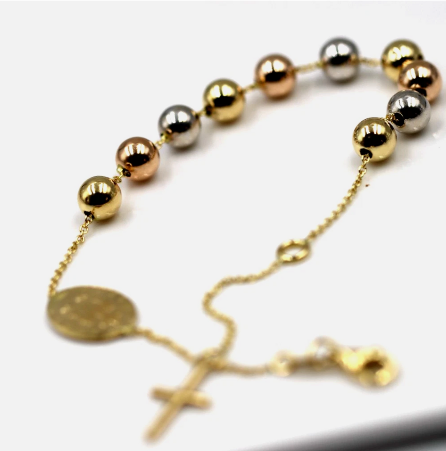 18ct 18k Yellow, Rose & White Gold 6mm Ball Rosary Bead bracelet 22cm