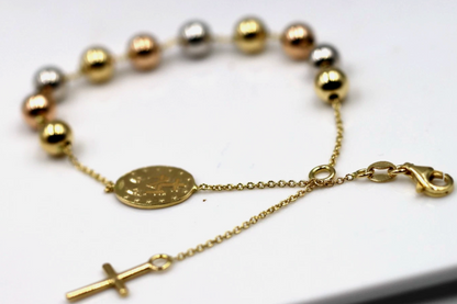 18ct 18k Yellow, Rose & White Gold 6mm Ball Rosary Bead bracelet 22cm
