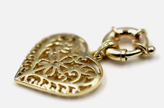 Kaedesigns Genuine 9ct Large Yellow, Rose or White Gold Filigree Flower Double Sided Heart Pendant + Bolt Ring