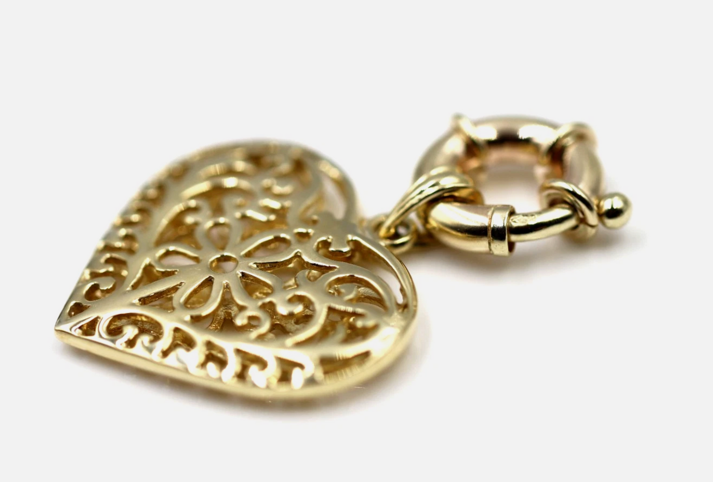 Kaedesigns Genuine 9ct Large Yellow, Rose or White Gold Filigree Flower Double Sided Heart Pendant + Bolt Ring