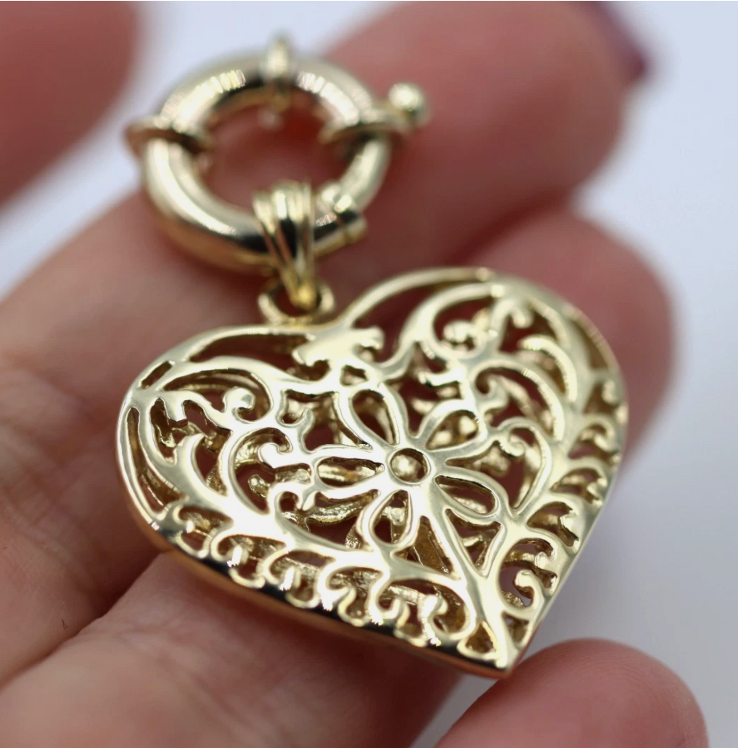 Kaedesigns Genuine 9ct Large Yellow, Rose or White Gold Filigree Flower Double Sided Heart Pendant + Bolt Ring