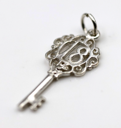 Sterling Silver 925 Small Fancy Key 18th Pendant Or Charm + Necklace