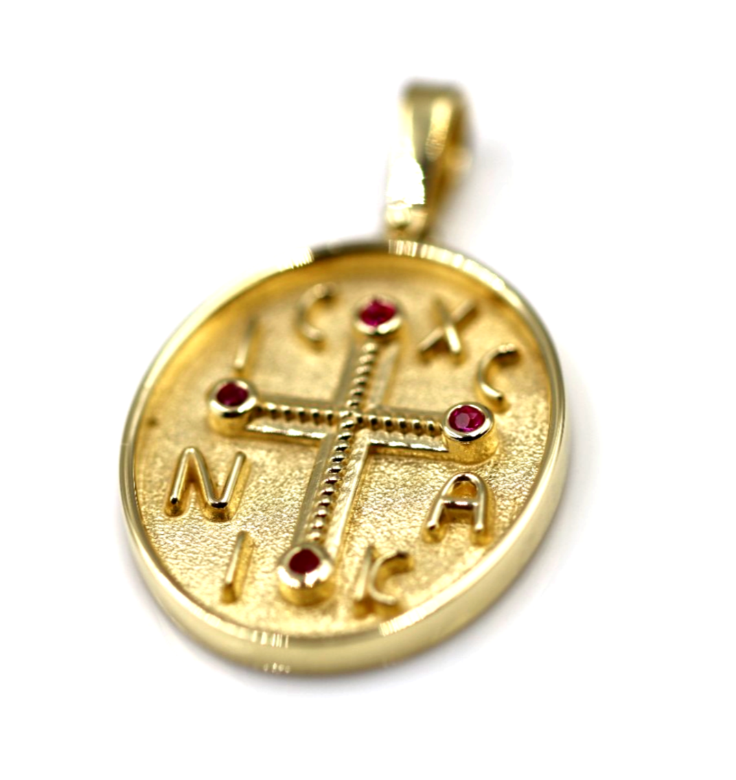 Genuine 18ct 18kt 750 Yellow Gold Byzantine Ruby Cross Pendant