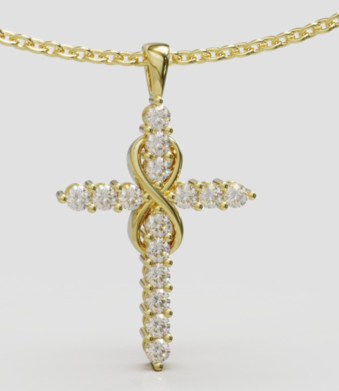 Genuine 18ct 18k 750 Yellow Gold Round Lab Grown Diamond Infinity Cross Pendant & 18ct Cable Chain 45cm