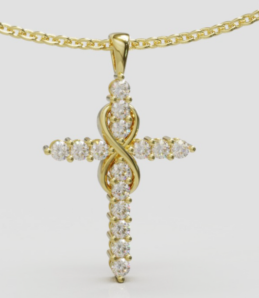 Genuine 18ct 18k 750 Yellow Gold Round Lab Grown Diamond Infinity Cross Pendant & 18ct Cable Chain 45cm