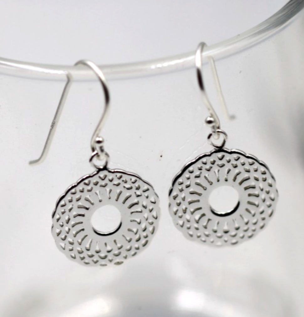 Genuine Sterling Silver 925 Patterned Circular Filigree Earrings