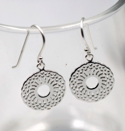 Genuine Sterling Silver 925 Patterned Circular Filigree Earrings
