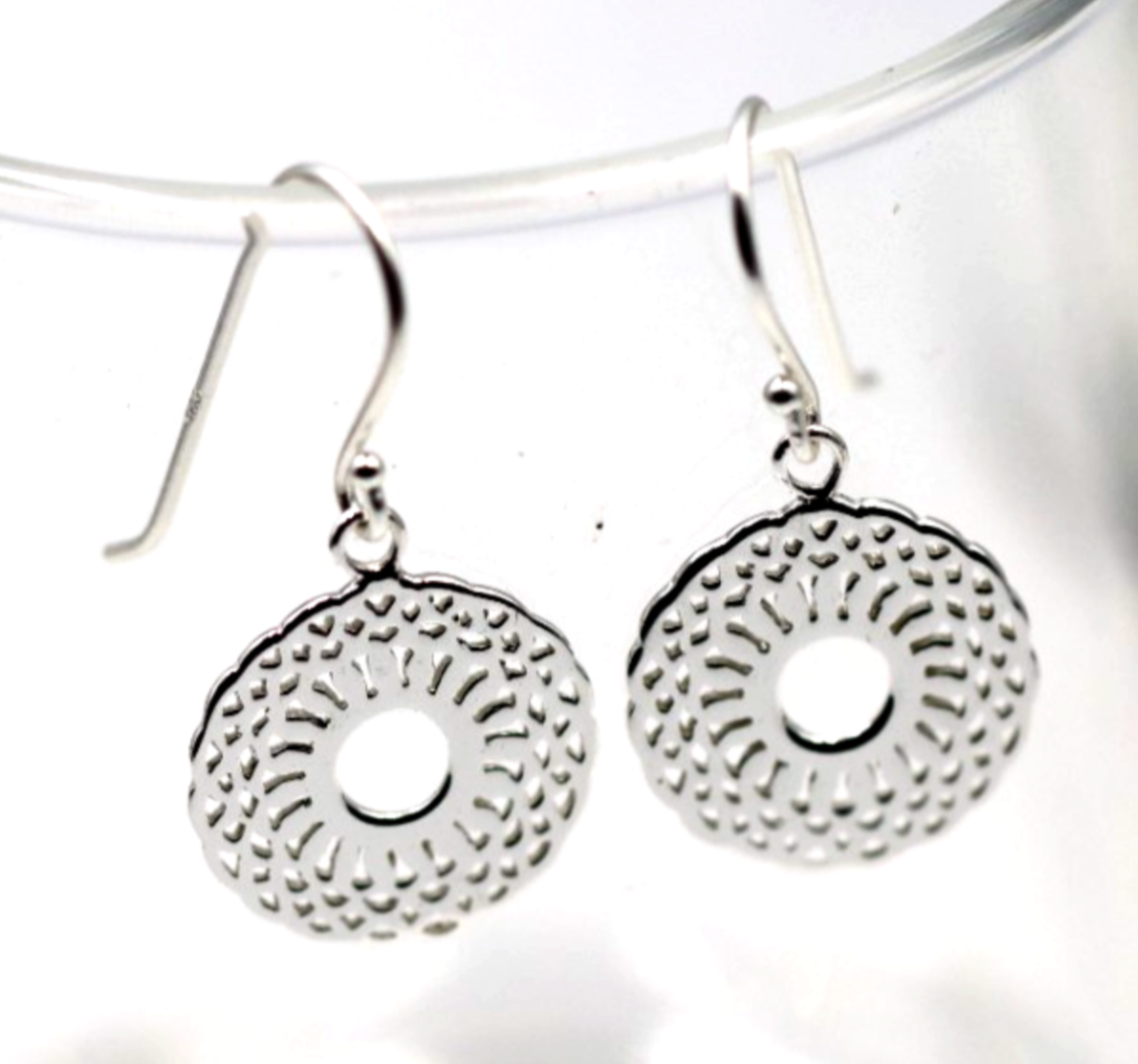 Genuine Sterling Silver 925 Patterned Circular Filigree Earrings