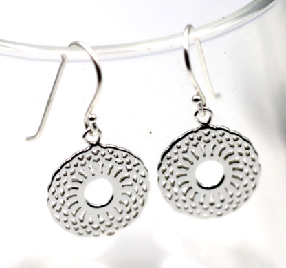 Genuine Sterling Silver 925 Patterned Circular Filigree Earrings