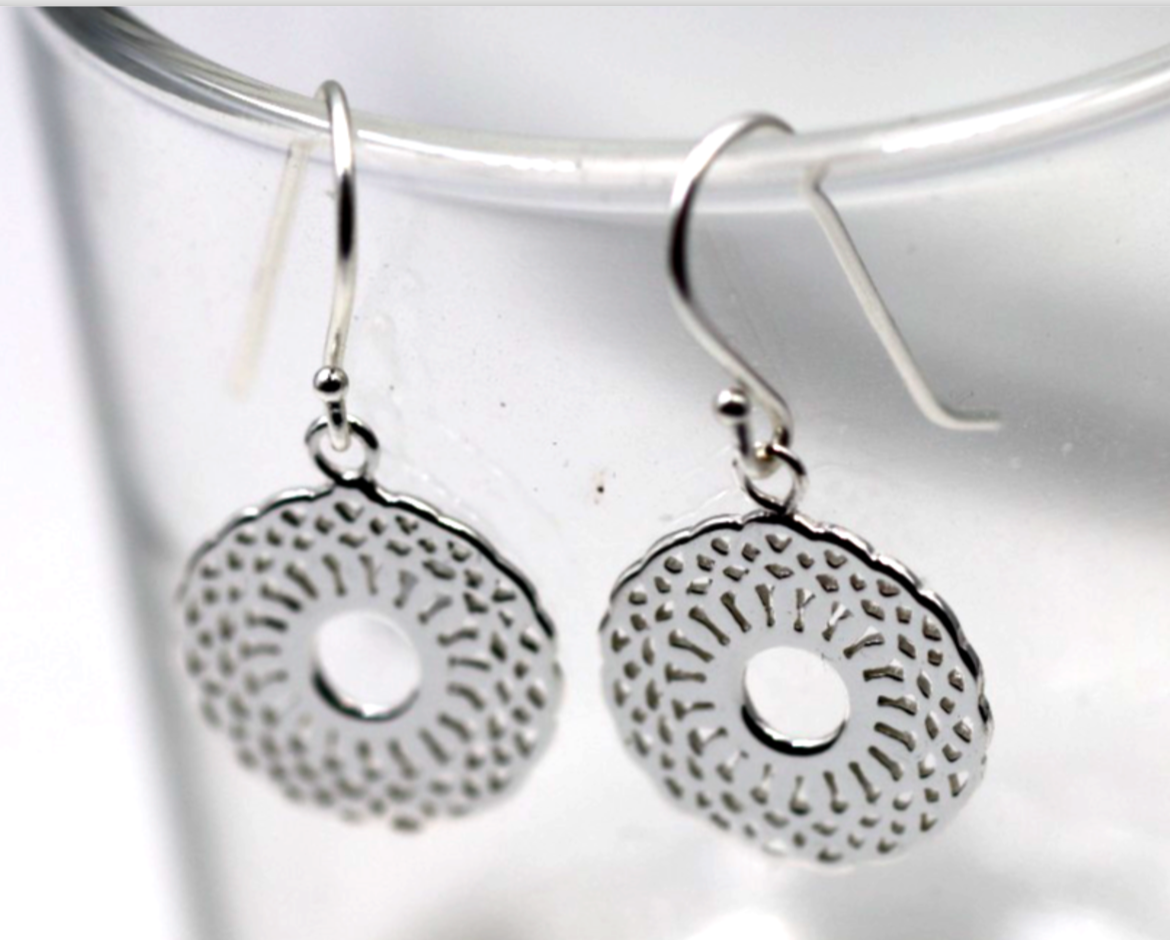 Genuine Sterling Silver 925 Patterned Circular Filigree Earrings