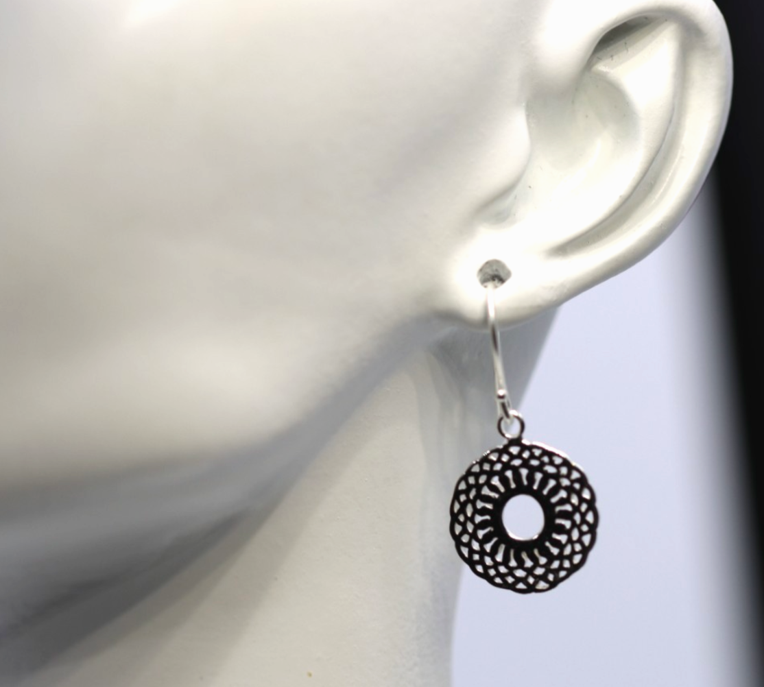 Genuine Sterling Silver 925 Patterned Circular Filigree Earrings