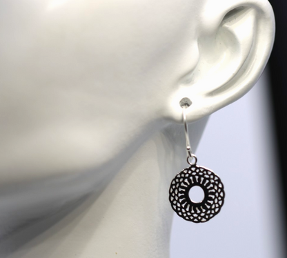Genuine Sterling Silver 925 Patterned Circular Filigree Earrings