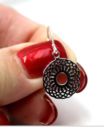 Genuine Sterling Silver 925 Patterned Circular Filigree Earrings