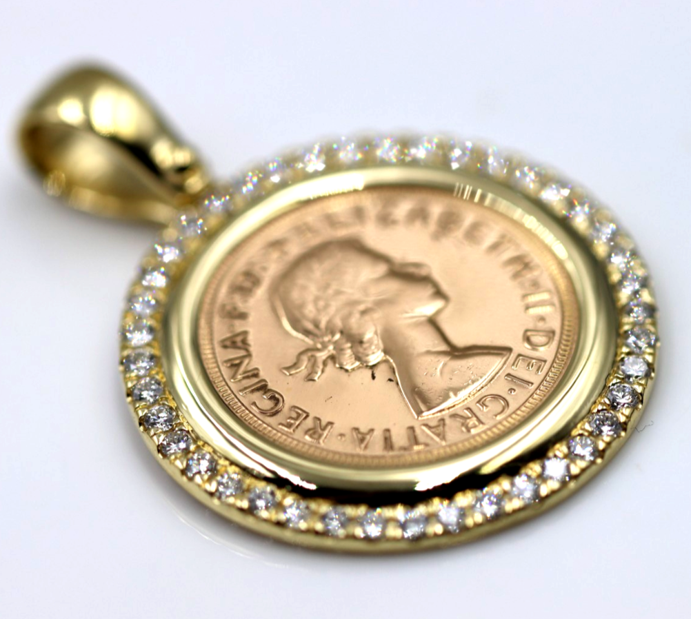 Genuine 18ct 18k 750 Yellow Gold Diamond Pendant with Full Sovereign (22ct) Coin