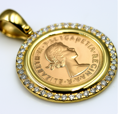 Genuine 18ct 18k 750 Yellow Gold Diamond Pendant with Full Sovereign (22ct) Coin