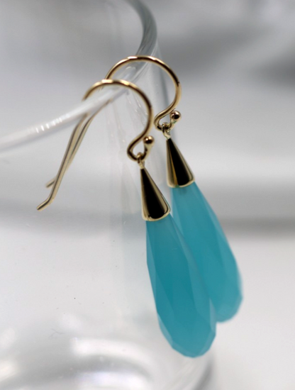 Genuine 9ct 9k Yellow Gold Briolette Turquoise Obsidian Teardrop Earrings