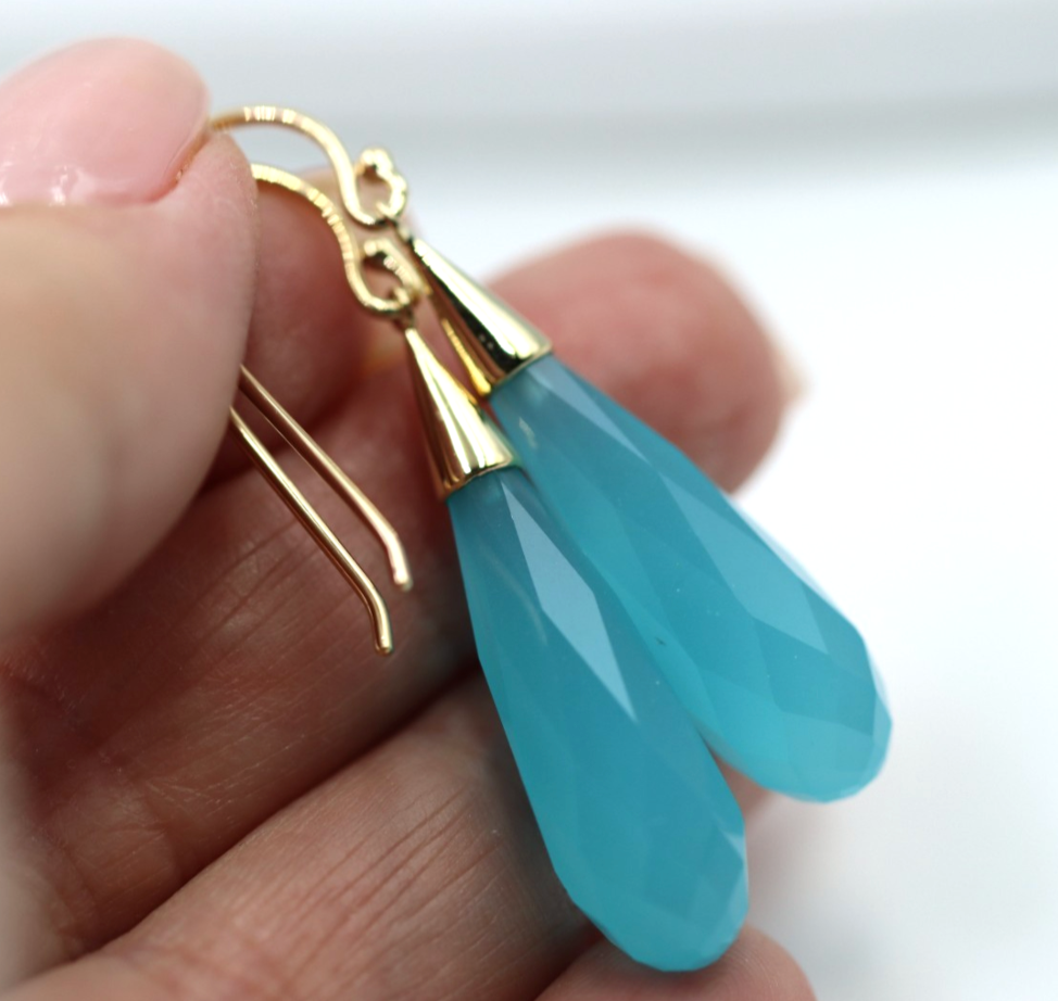 Genuine 9ct 9k Yellow Gold Briolette Turquoise Obsidian Teardrop Earrings