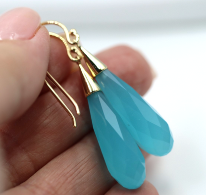 Genuine 9ct 9k Yellow Gold Briolette Turquoise Obsidian Teardrop Earrings